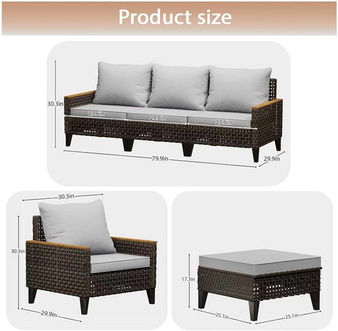 7 Piece Patio Sectional Sofa Furniture Set, All-Weather Wicker Rattan Outdoor Conversation Set with High Back and Thick Cushions, for Garden, Porch, Poolside, Gray