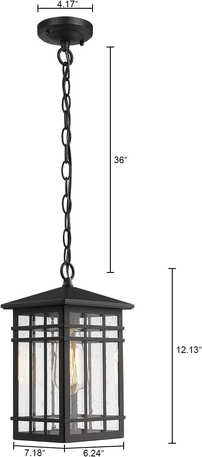 Outdoor Pendant Lighting, Exterior Pendant Lantern, Farmhouse Porch Hanging Lantern Lights with Seeded Glass in Black Finish, Outdoor Pendant Lamp for Front Porch, Entryway, Patio, Gazebo