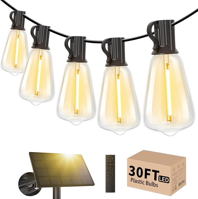 Svater Solar Outdoor String Lights 30 FT, ST38 Patio Lights Shatterproof Dimmable Vintage Edison Bulbs, Solar Powered Weatherproof Light for Patio, Backyard, Garden, Bistro, Warm White