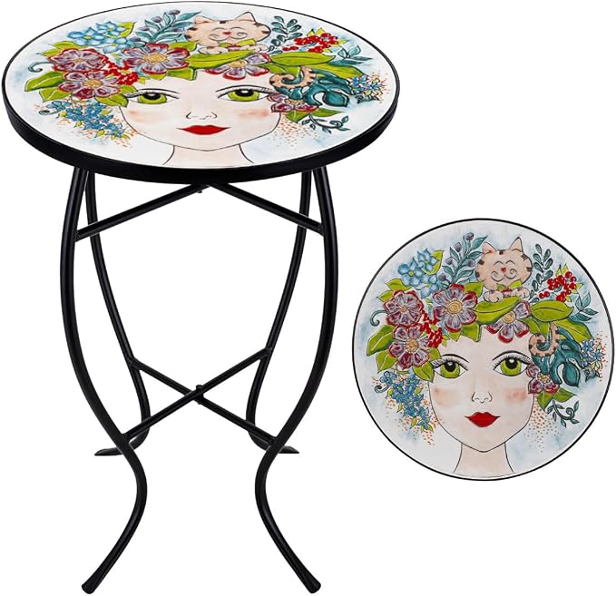 Mosaic Outdoor Side Table Small Round Patio Table Plant Stand | 21" Accent End Table with 14" Ceramic Tile Top for Small Spaces Porch Pool Garden Decor Indoor Living Room Bedroom Balcony