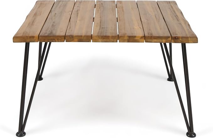 roomfitters Outdoor Wooden Coffee Table with Slatted Top and Iron Hairpin Legs, Patio Accent Table for Garden, Natural