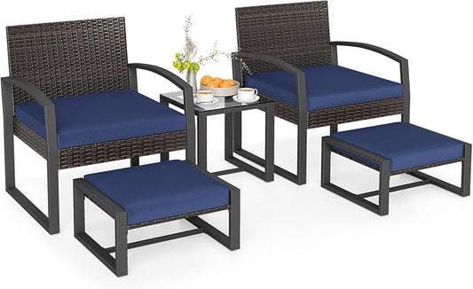 Tangkula 5 Pieces Wicker Patio Conversation Set, Outdoor PE Rattan Chair with Ottoman Set with Glass Side Table, 2-Person Small Balcony Furniture Seating Set with Cushions for Porch, Backyard, Deck