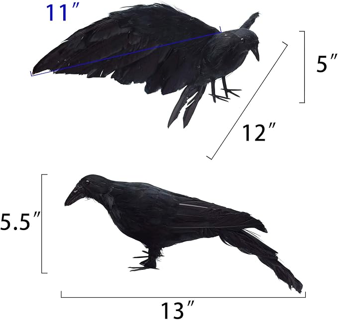 Etistta 2-Pack Realistic Crows Lifesize Extra Large Handmade Black Feathered Crow for Halloween Decorations Birds, L (13 inch+12 inch)
