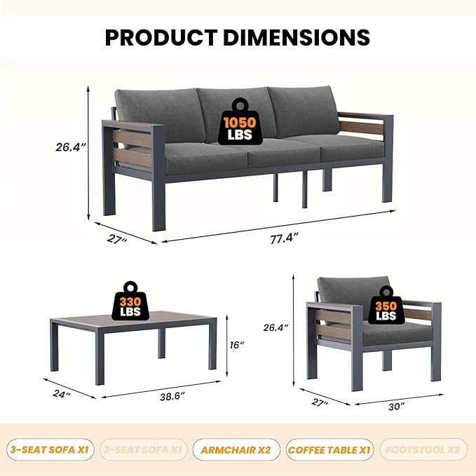 DoCred Aluminum Patio Furniture Set, 4-Piece Modular Patio Conversation Set with Widened Armrests and Thickened Cushions, Metal Outdoor Furniture Set for Porch, Balcony, Deck, Yard, Poolside