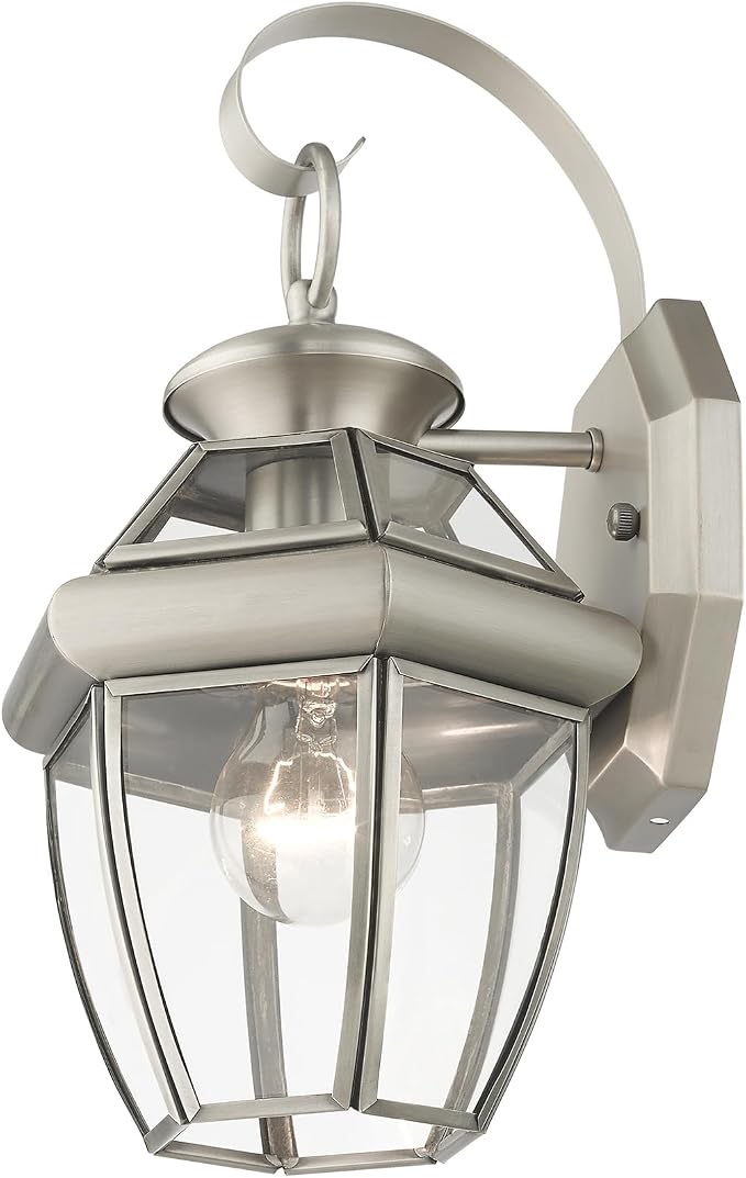 Livex Lighting 2051-91 Monterey 1 Light Outdoor Brushed Nickel Finish Solid Brass Wall Lantern with Clear Beveled Glass | Clear Beveled Glass; Solid brass construction