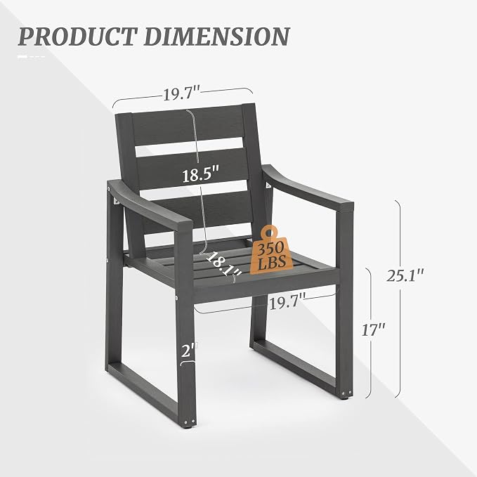 Cozyman HDPS Outdoor Dining Chairs, 350LBS, Patio Dining Chairs with Armrest, All Weather Outdoor Kitchen Chairs with Square Frame Legs for Outdoor Indoor, Lawn, Garden, Backyard, Dark Gray