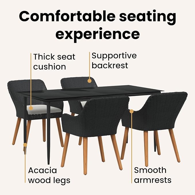 BOWERY HILL 5 Piece Poly Rattan Patio Dining Set, Black Finish, Cushioned Chairs, Tempered Glass Tabletop, Weather-Resistant, Seating for 4, Modern Outdoor Furniture for Garden or Patio Dining