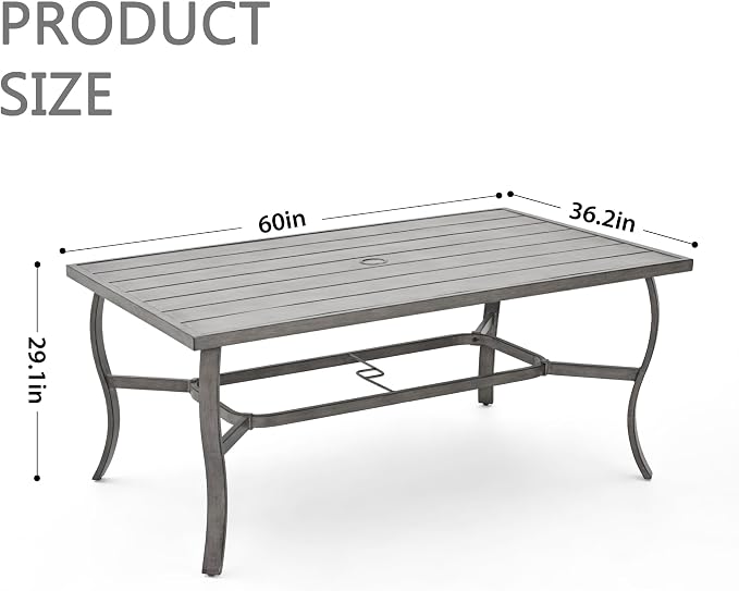 6-Person Outdoor Dining Table, Aluminum Rectangle 60"×36.2" Outdoor Dining Table with 2.2" Umbrella Hole, Rustproof Aluminum Patio Dining Table for 6, Grey