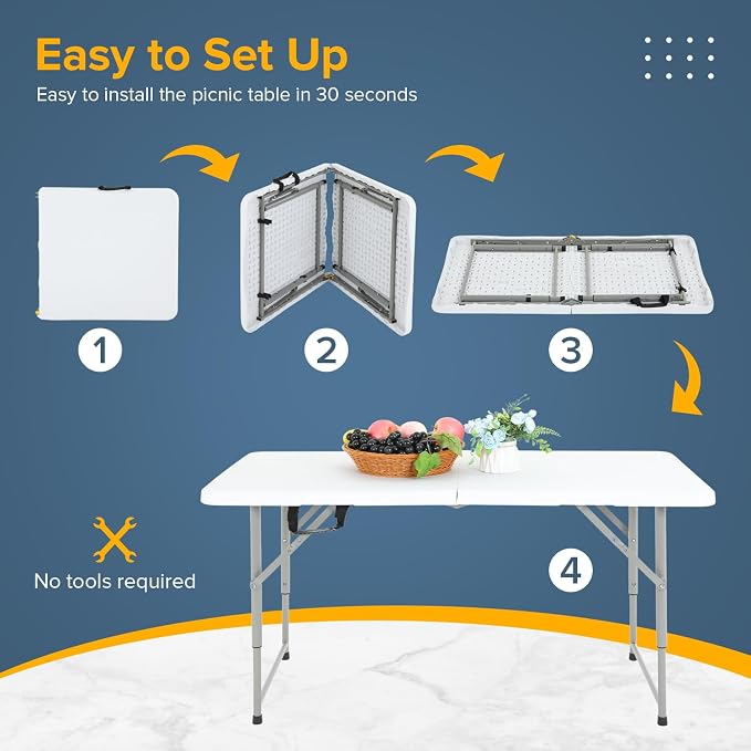 Dopinmin Camping Table 4 FT Foldable Table with Bulid in Handle Plastic Picnic Table,Folding and Portable for Party Dining Picnic Wedding Office,White