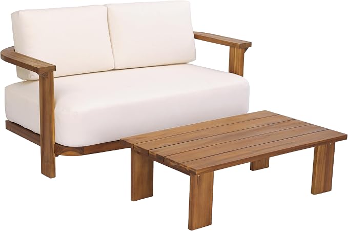 Christopher Knight Home Stella Acacia Wood 4 Piece Patio Furniture Set, Wooden Patio Conversation Set with Club Chair+Coffee Table, 4-Seater Outdoor Loveseat Sofa + Armchair and Table Set, Teak+Beige