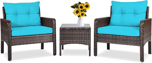 DORTALA Small Patio Furniture Set 3 Piece, Wicker Outdoor Table and Chairs Set with Cushions, All Weather Rattan Conversation Bistro Set for Balcony, Porch, Backyard, Deck, Turquoise