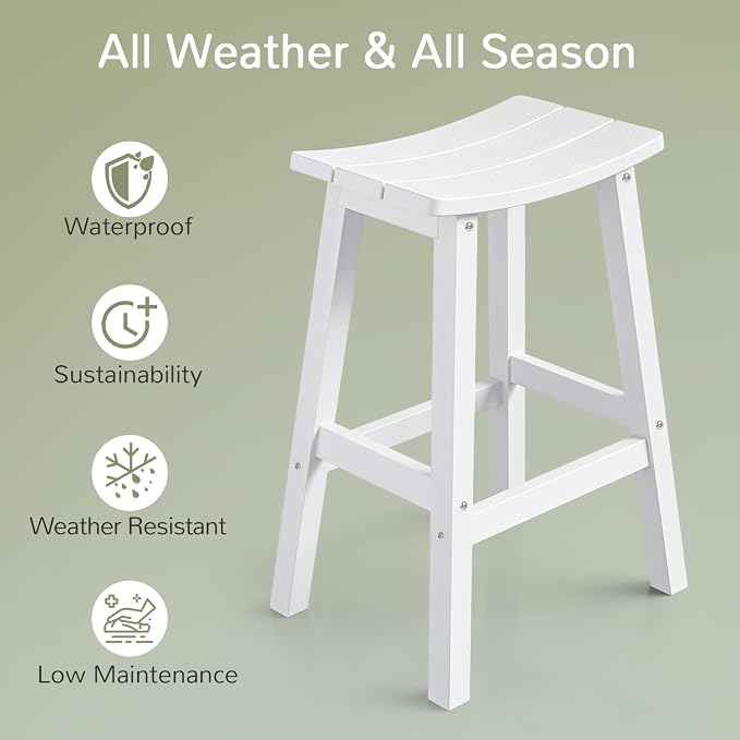 Stoog Weatherproof Bar Stools Set of 4, 28" Patio Barstools, Easy to Clean and Maintain, All-Weather HIPS Furniture for Bar, Kitchen Counter, Deck & Patio, White