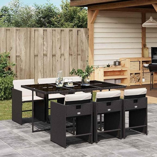 7 Piece Patio Dining Set, Outdoor PE Rattan Garden Furniture with Tempered Glass Table and 6 Foldable Chairs, Comfortable Padded Seats for Backyard Deck