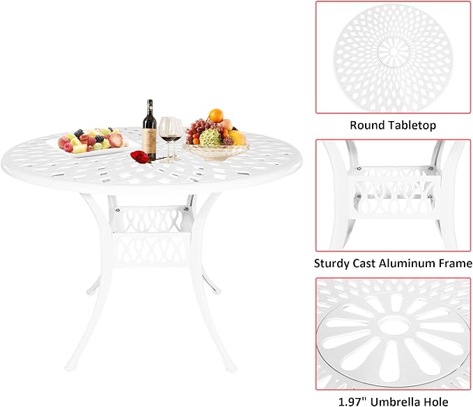 5 Piece Cast Aluminum Outdoor Dining Set, Outdoor Table and Chairs Set of 4, Patio Dining Set with 4 Chairs and 42" Round Table, Patio Conversation Set with 1.97" Umbrella Hole