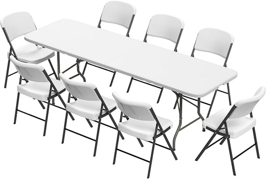 Elevon Folding Table Set with 8 White Folding Chairs,8 Feet Heavy Duty Fold-in-Half Utility Table Sets for Picnic, Event, Training, Outdoor Activities, at Home and Commercial Use