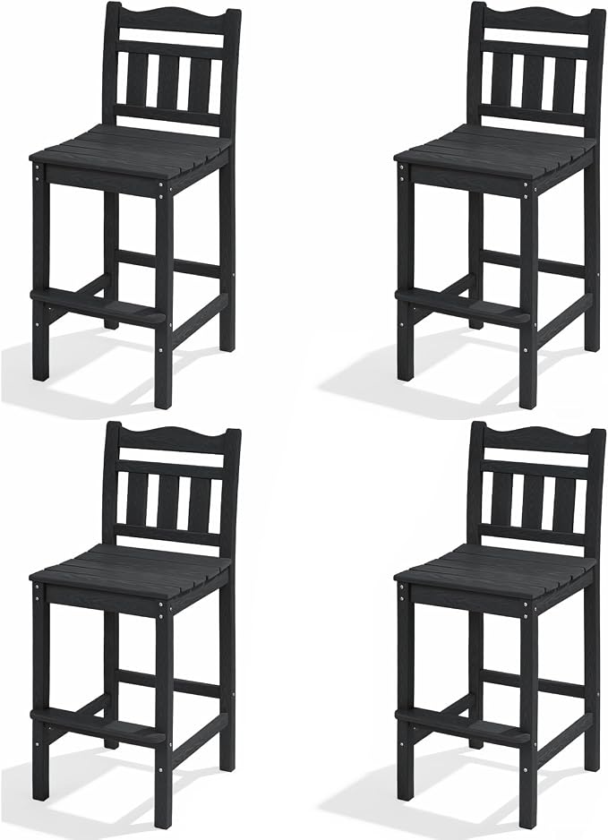 Outdoor Bar Stools Set of 4, HDPE Adirondack Bar Chairs with Backs, All-Weather High Top Patio Chairs, Heavy Duty Armless Bar Height Chair for Balcony, Garden, Deck (Black, 4pcs Set)