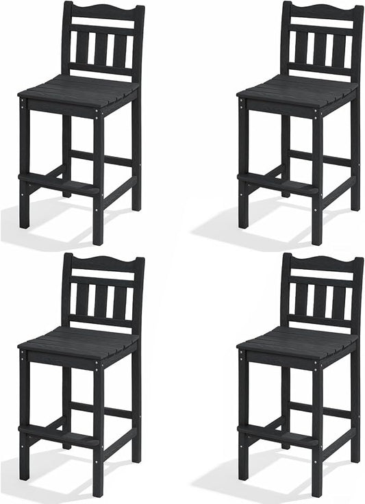 Outdoor Bar Stools Set of 4, HDPE Adirondack Bar Chairs with Backs, All-Weather High Top Patio Chairs, Heavy Duty Armless Bar Height Chair for Balcony, Garden, Deck (Black, 4pcs Set)