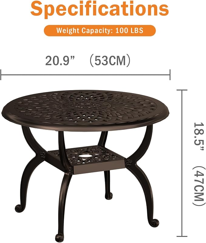 21" Patio Bistro Table, Cast Aluminum Side Table, Outdoor End Table for Garden/Yard/Pool/Porch, Bronze