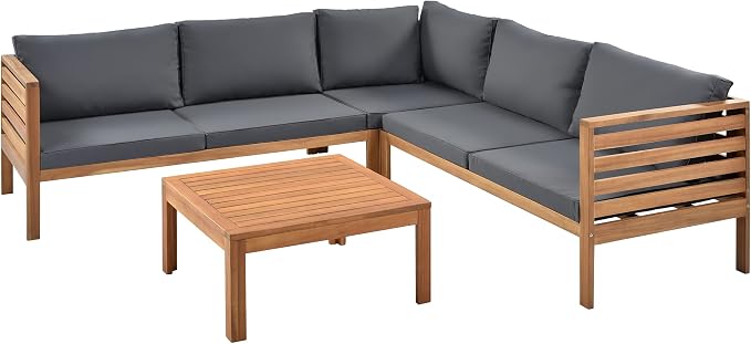 L-Shaped Wood Structure Patio Outdoor Sofa Set with Coffee Table and Cushion, Water Resistant Acacia Wood Sofa for Patio, Lawn, Yard, Pool or Backyard, Gray Cushion