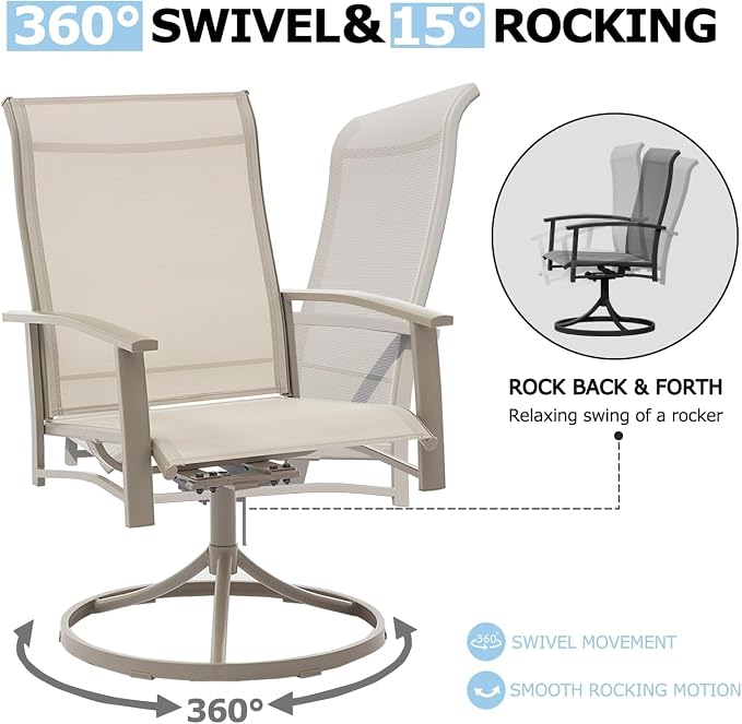 9 Piece Patio Dining Set - Round Patio Table & 8 Swivel Rocking Patio Chairs, Outdoor Patio Furniture with Textilene Fabric High Back Chairs for 8 Person, Ivory