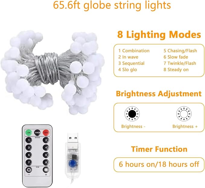 RaThun Globe String Lights 65.6 Ft. 160LEDs 8 Modes with Remote,USB Fairy Lights Plug in,Waterproof LED String Lights for Indoor Outdoor Bedroom Party Wedding Garden Christmas Tree Decor,Warm White