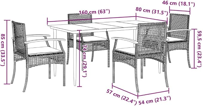 5 Piece Patio Dining Set with Cushions Beige Poly Rattan Outdoor Table and Chairs for Garden Backyard Deck Tempered Glass Top Powder Coated Steel Frame UV Proof