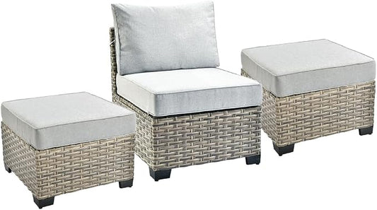 HOOOWOOO Outdoor Sectional Patio Furniture Set,3 Pieces Set with 1 Armless Wicker Chair and 2 Ottomans,Extra Deep Out Door Sofa Outside Furniture,Light Gray