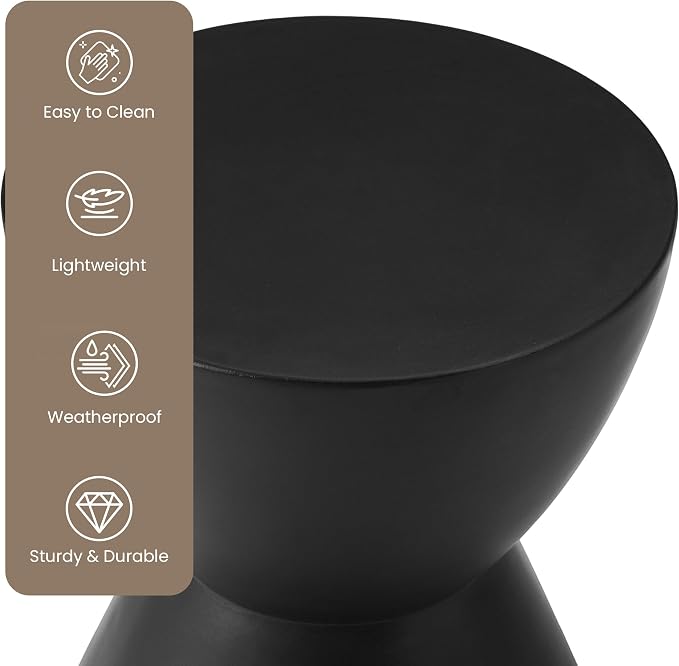 HOMPUS Outdoor Side Table Hourglass Shaped, Concrete End Table, Round Drum Patio MgO Coffee Lightweight Table, Modern Garden Planter Stand for Indoor Outdoor Use, Black