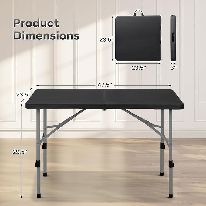 Athena Collection 4ft Folding Table, Lightweight Portable Desk with Handle, Square Foldable Plastic Table for Card Games, Collapsible Dining, Indoor Outdoor Camping Picnic & Party Use, Black