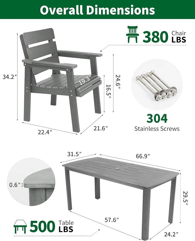 7-Piece Outdoor Dining Set, All-Weather HIPS Patio Table & Chairs for 6, Outdoor Furniture with Umbrella Hole, Ideal for Garden, Poolside, Backyard, Deck, Dark Gray