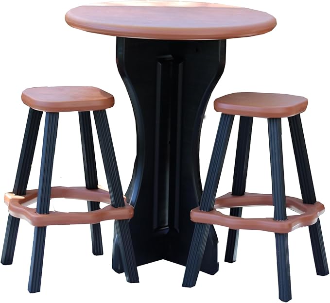 Patio Table Set with Two Barstools - Black Base with Redwood Accents - Perfect for Patio and Outdoor Spaces. Hardware Free Easy Assembly. Proudly Made in USA