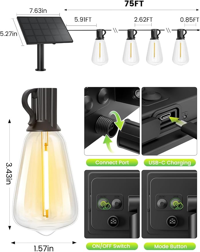 Svater Solar Outdoor String Lights 75 FT, ST38 Patio Lights Shatterproof Dimmable Vintage Edison Bulbs, Solar Powered Weatherproof Light for Patio, Backyard, Garden, Bistro, Warm White