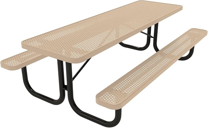 COATEDOUTDOORFURNITURE Heavy-Duty Portable Outdoor Picnic Table, Thermoplastic Coated Punched Steel Commercial-Grade Patio Dining Furniture Made in America (8ft Rectangular, Tan)