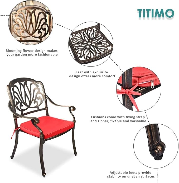 TITIMO 9-Piece Cast Aluminum Patio Furniture Set, Outdoor Patio Dining Set Bistro Conversation Set, All-Weather Rectangular Table w/Umbrella Hole (Red-Fixed Elizabeth Chair, 9 Pcs)
