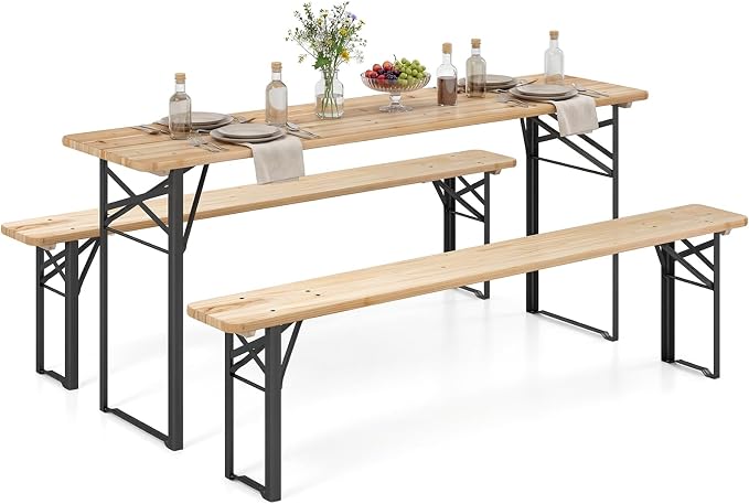 Giantex 70 Inch Folding Picnic Tables with Benches Set, Solid Wood Camping Beer Table Bench Set with Metal Frame, 3-Piece Portable Patio Dining Furniture, Indoor & Outdoor Folding Table and Chairs