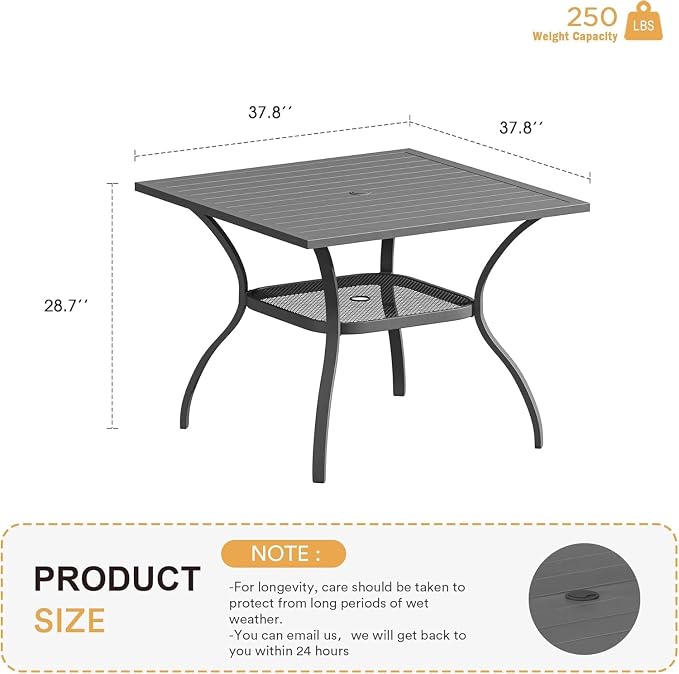 VICLLAX 37.8" Square Outdoor Patio Table, All Weather Metal Outdoor Dining Table for Lawn Garden, Grey