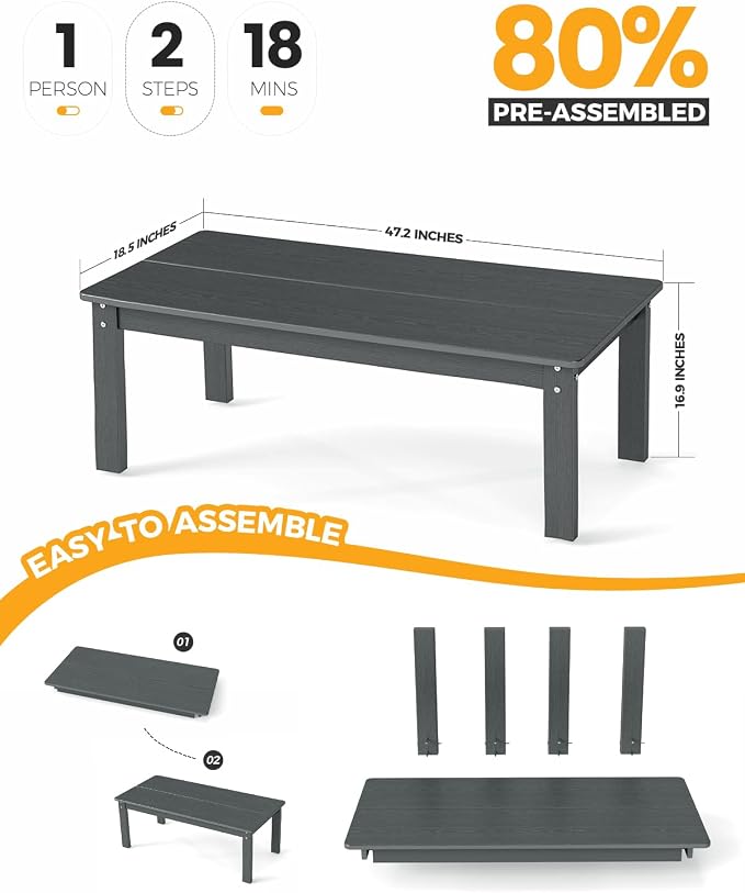nevilywood Adirondack Coffee Table,HDPE All-Weather Wood Grain,Patio, Garden, Backyard,Gray