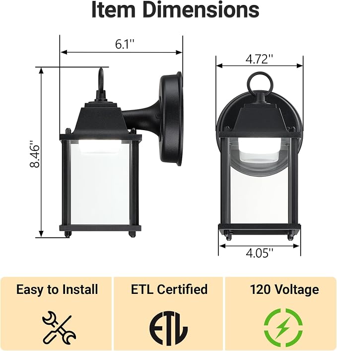Outdoor Wall Light Fixture, Rustproof Aluminum, Clear Glass, LED | Exterior Porch Light Wall Sconce Lantern for House, Patio, Garage, Waterproof Anti-rust, 9.5W 800 Lumen, 5000K, Black, 2 Pack