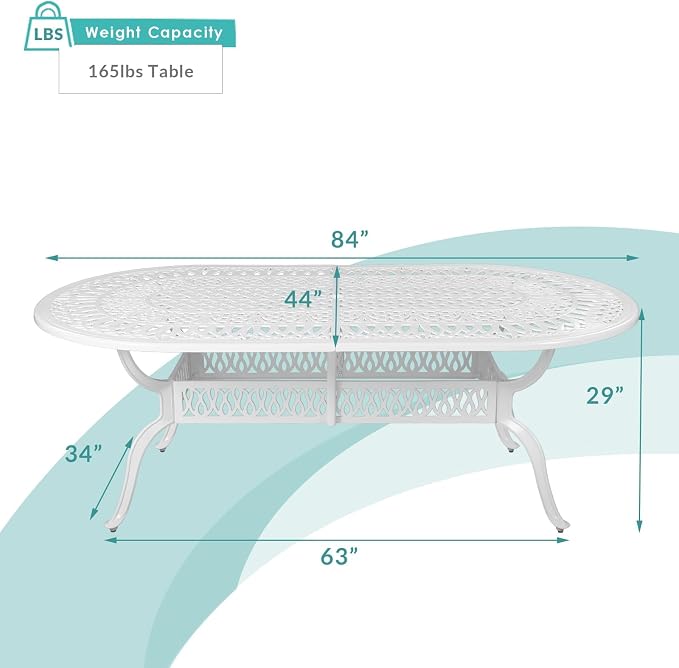 MEETWARM 84"x44" Cast Aluminum Patio Dining Table, Weather-Resistant Large Outdoor Dining Table for 8 Person, Patio Furniture Oval Table with Umbrella Hole and Adjustable Foot Pads, White