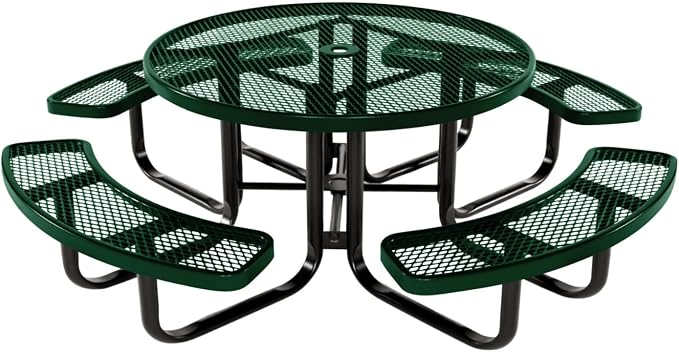 COATEDOUTDOORFURNITURE Heavy-Duty Portable Outdoor Kids Table with Umbrella Hole, Expanded Metal Kids Picnic Table, Commercial-Grade, Made in America (46 in, Round, Childrens, Green)