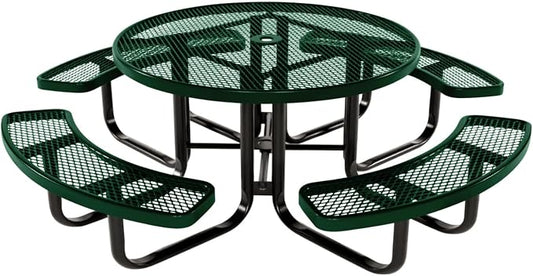 COATEDOUTDOORFURNITURE Heavy-Duty Portable Outdoor Kids Table with Umbrella Hole, Expanded Metal Kids Picnic Table, Commercial-Grade, Made in America (46 in, Round, Childrens, Green)