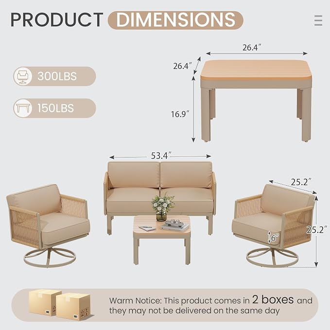 EROMMY 4 Piece Patio Furniture Set, Metal Frame Outdoor Swivel Glider Rocking Chairs with 6" Thick Cushions, Loveseat & Coffee Table, Patio Conversation Sets for Backyard, Poolside & Balcony, Beige
