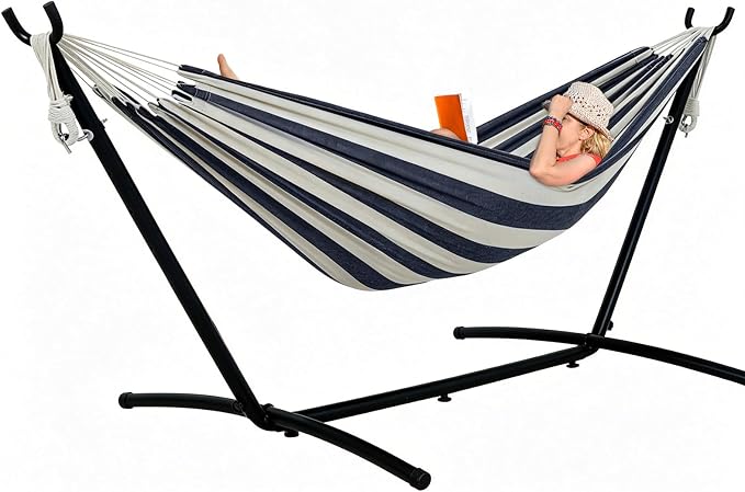 Lazy Daze Portable Hammock with Stand, Free Standing Hammocks for Indoor Outdoor Patio Yard, Has a Carrying Bag and Pillow, 9ft Hamacas Heavy Duty 2 Person Amaca 450 lbs Capacity(Black White)