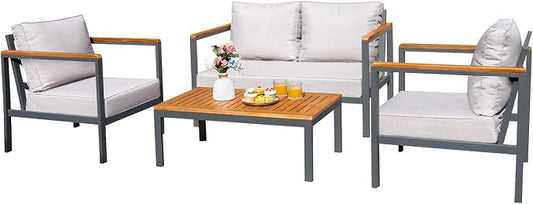 Greesum 4 Piece Furniture Patio Lounge Conversation Set Solid Wood Armrest & Table Top Anti-Drop Thick Waterproof Cushion, Light Gray