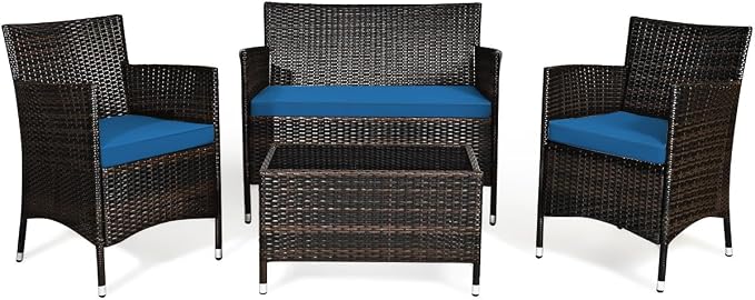 Goplus 4-Piece Rattan Patio Set, Outdoor/Indoor Wicker Conversation Set for Pool, Backyard, Lawn, Wicker Chairs and Sofa with Soft Cushion, Rattan Furniture with Tempered Glass Coffee Table