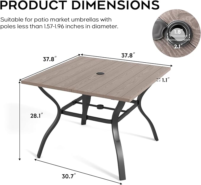 37.8”x37.8” Metal Outdoor Dining Table for 4,Square Patio Dining Table with Adjustable Umbrella Hole,All-Weather Brown Outdoor Patio Table for Porch, Garden, Backyard, Poolside, Lawn