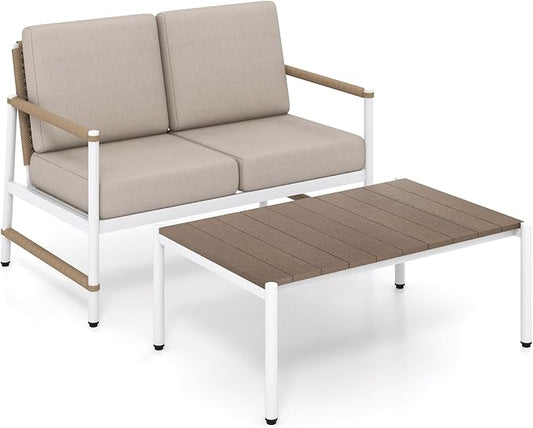 Tangkula 2 Pieces Patio Furniture Set, Outdoor Aluminum Conversation Set with Thick Cushions, Patio Loveseat Sofa with Coffee Table, Modern Bistro Set for Poolside, Deck, Yard