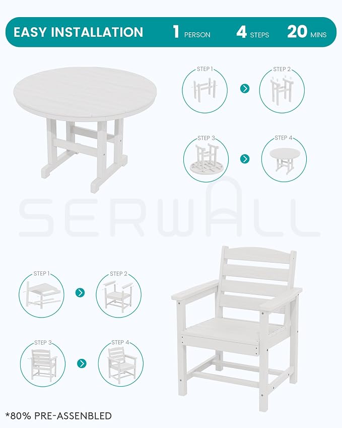 SERWALL 5-Piece Patio Dining Sets, HDPE Outdoor Table and Chairs Furniture Set, 45" Round Dining Table and 4 Dining Chairs, White