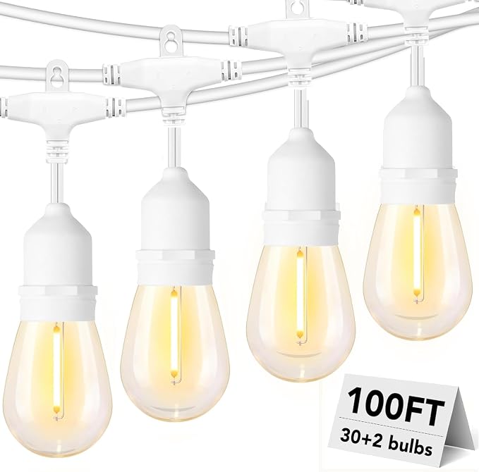 Outdoor String Lights White LED Waterproof 100FT for Patio Backyard Wedding | Linkable White Outdoor Lighting IP65 Weatherproof , 30+2 Plastic Dimmable Edison Bulbs for Outside Bistro Garden Porch Gazebo