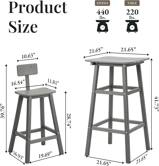 Bar Height Chairs Set of 2, HDPE Front Porch Chairs Set, Weather Resistance Outdoor Bar Stools Set for Spas, Cafes, Swimming Areas, Lodges and Hotels - Grey